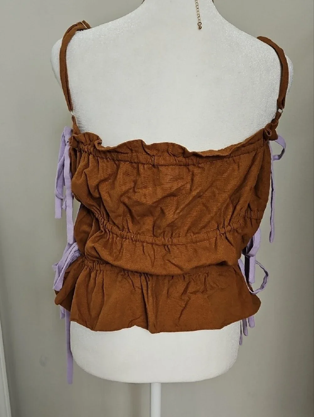 Fenareta Heraia Linen Blend Blouse Brown Ruched Side Tie Top XL EUC